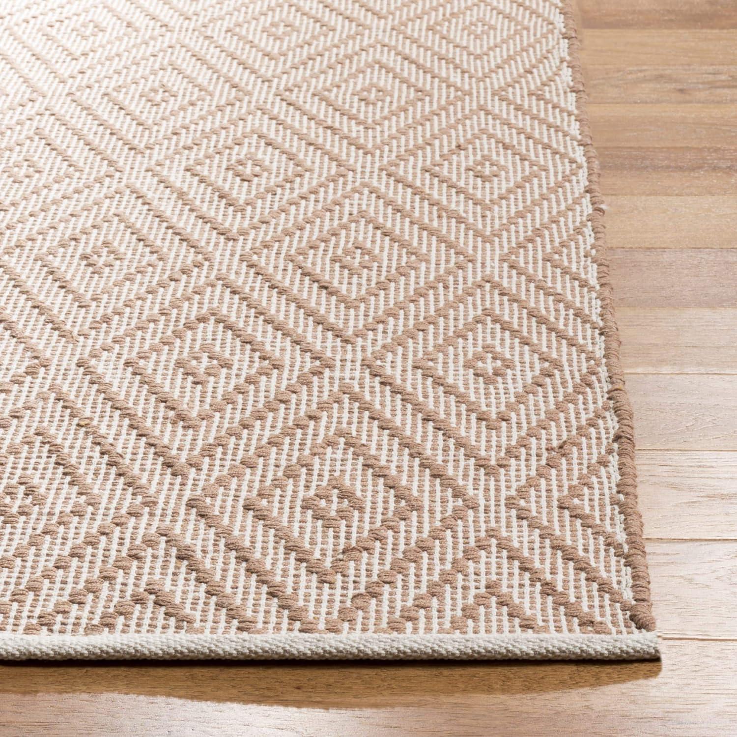 Beige Ivory Geometric Handwoven Cotton Area Rug, 5' x 7'