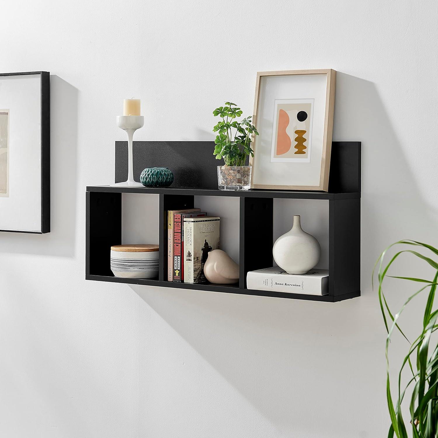 Danya B. 31.5" x 15.7" Modern 3 Cube Floating Wall Shelf with Display Ledge Black: Mid-Century Style, MDF & Iron