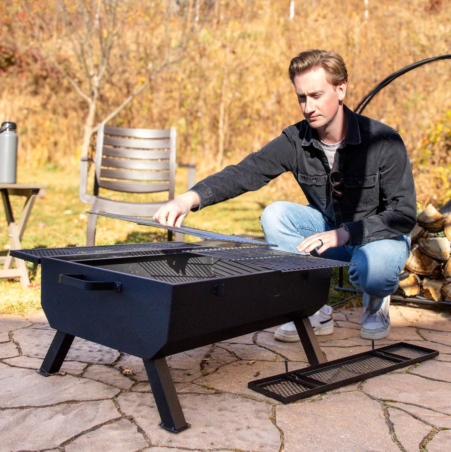 36.5" x 32.5" Rectangle Wood-Burning Steel Outdoor Fire Pit with Grill and Spark Screen