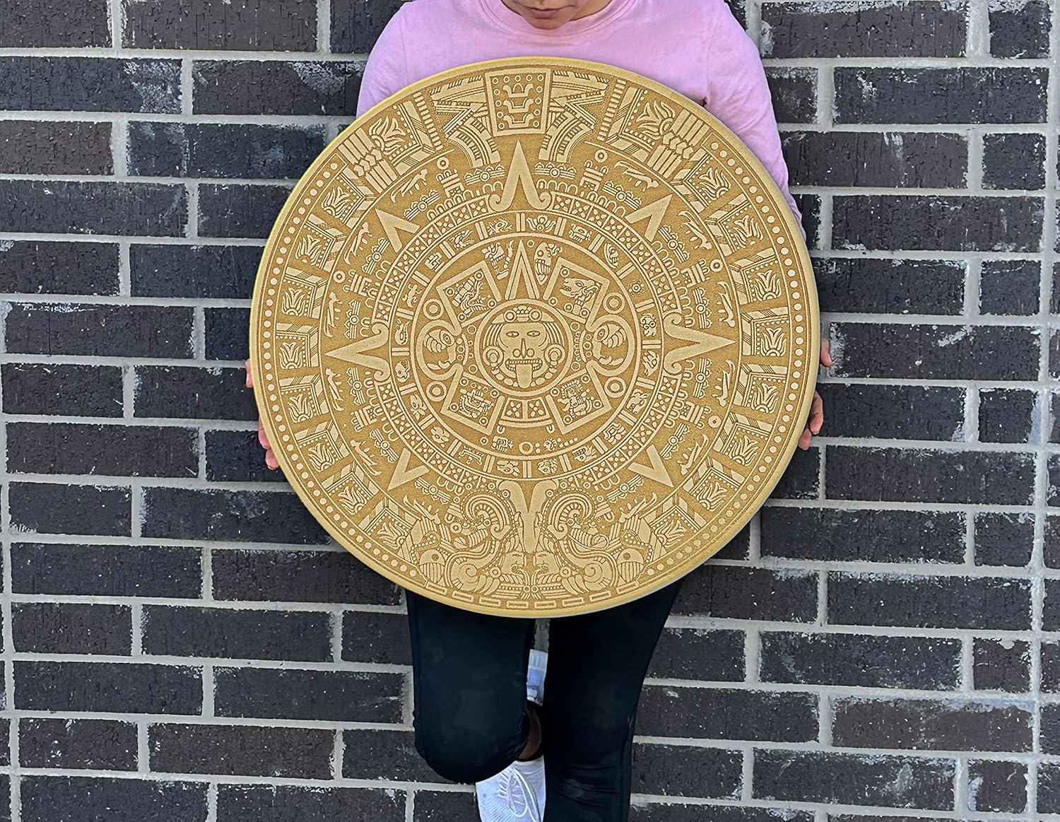 Urbalabs Wood Aztec Calendar Wall Decor 12" Inch Wall Hanging Mexico Aztec Calendar Mayan Calendar Cinco De Mayo Mexican Sun Azteca Calendario Laser Engraved Made In USA (12 Inch)