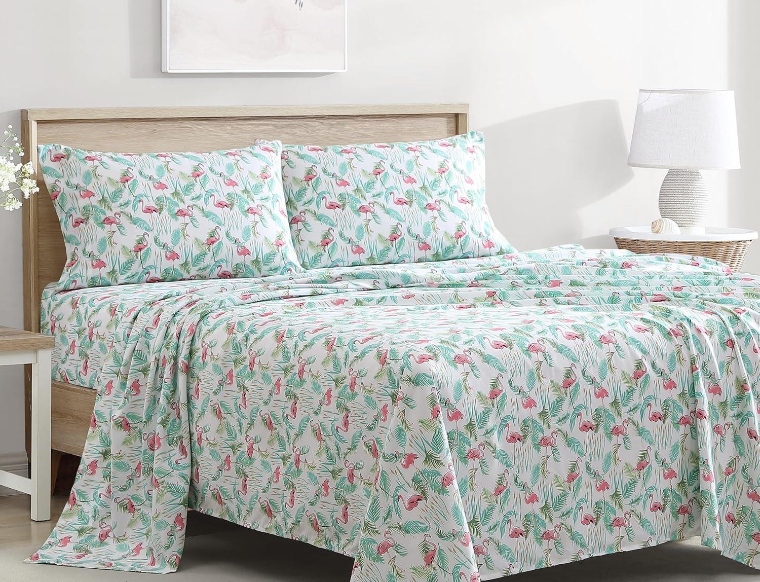 Coastal Flamingo Paradise Pink Microfiber Print Bed Sheet Set Twin