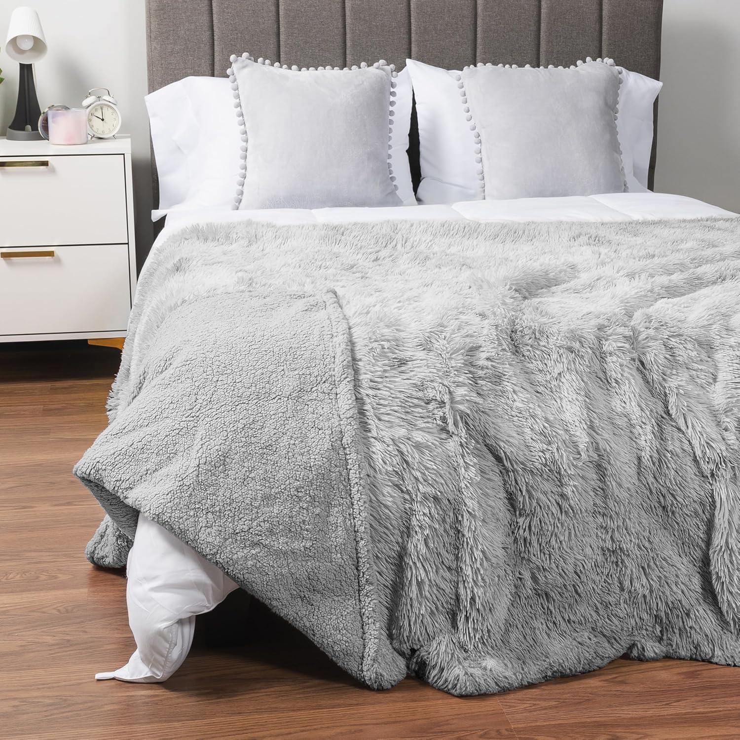 PAVILIA Fluffy Faux Fur Reversible Throw Blanket for Bed, Sofa, and Couch, Light Gray/Throw - 50x60