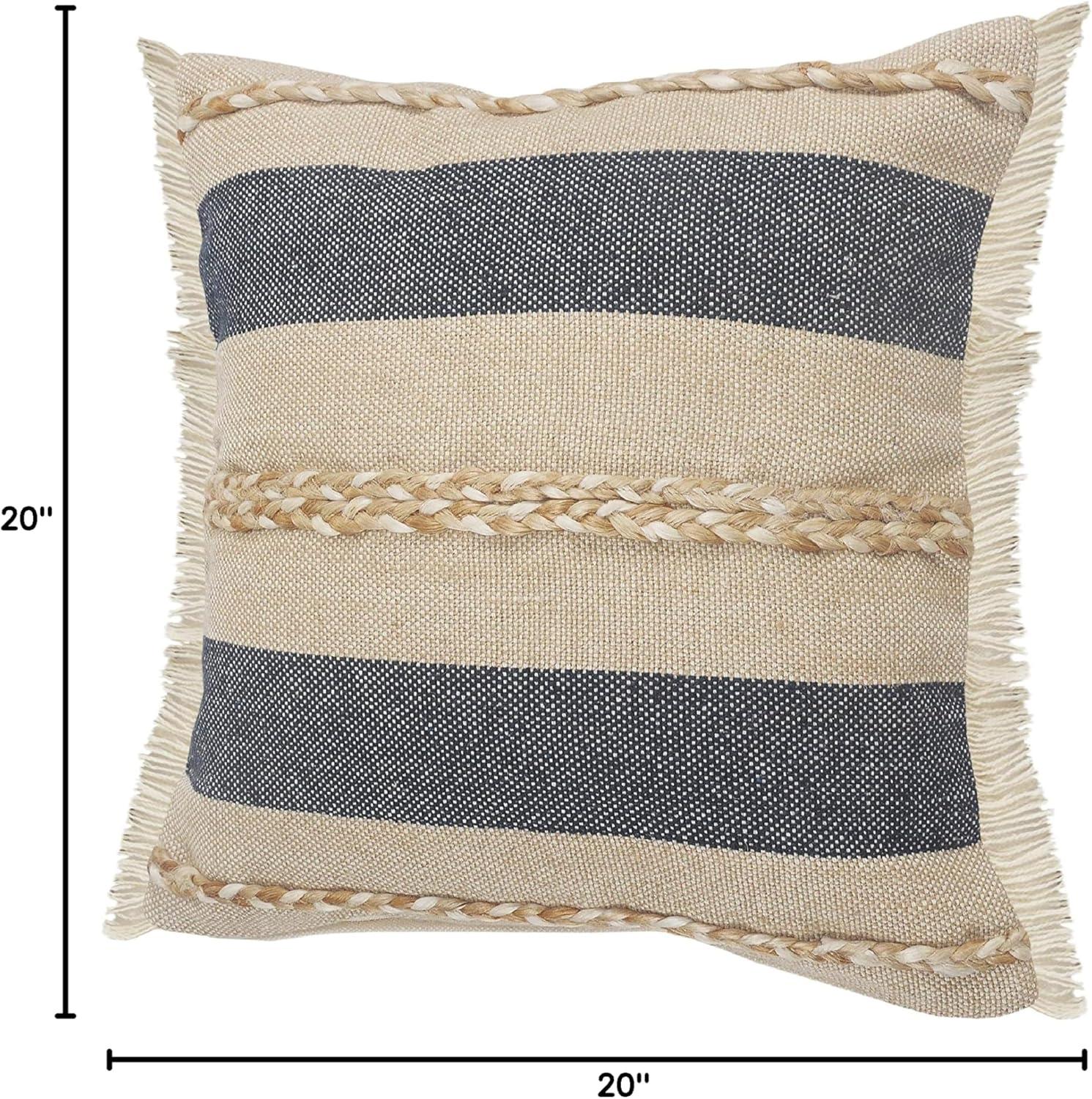 Ox Bay Atlantis Coastal Striped Jute Braiding Fringed Throw Pillow, Blue/Tan/Taupe, 20" Square