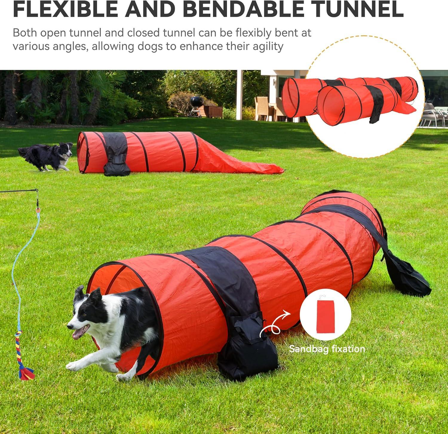 Dog Agility Training Equipments: Includes Flirt Pole Toy, 3 Flying Discs, 2 Agility Tunnel, 3 Jumps, 6 Weave Poles, Pause Box, Dog Agility Course Backyard Set Indoors Outdoors