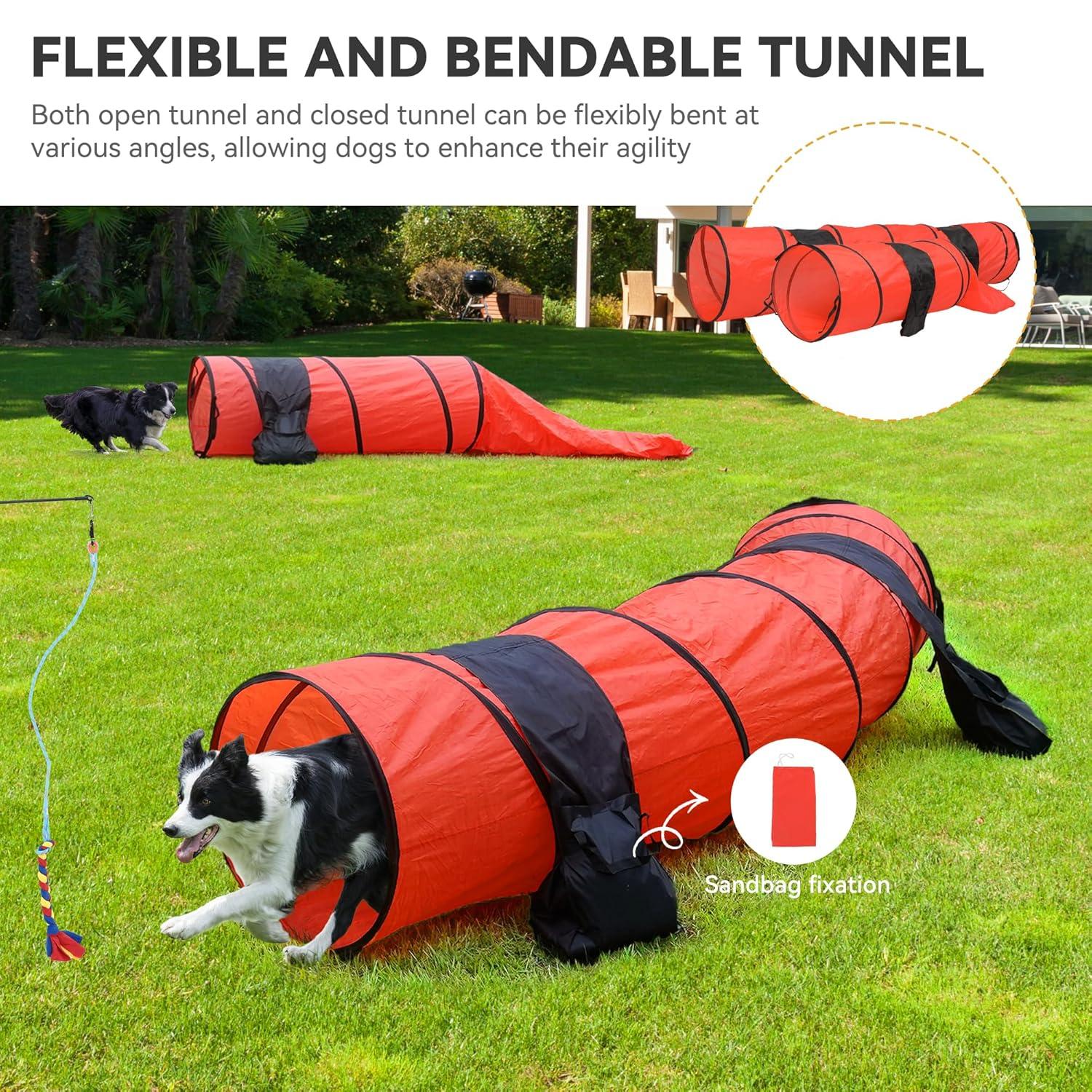YITAHOME Dog Agility Training Equipment Set with 2 Flexible Tunnels, 2 Hurdles, Jump Ring, 6 Weave Poles, Pause Platform, Teaser Pole, 3 Flying Discs, and Carry Bags for Indoors Outdoors, Orange/Blue