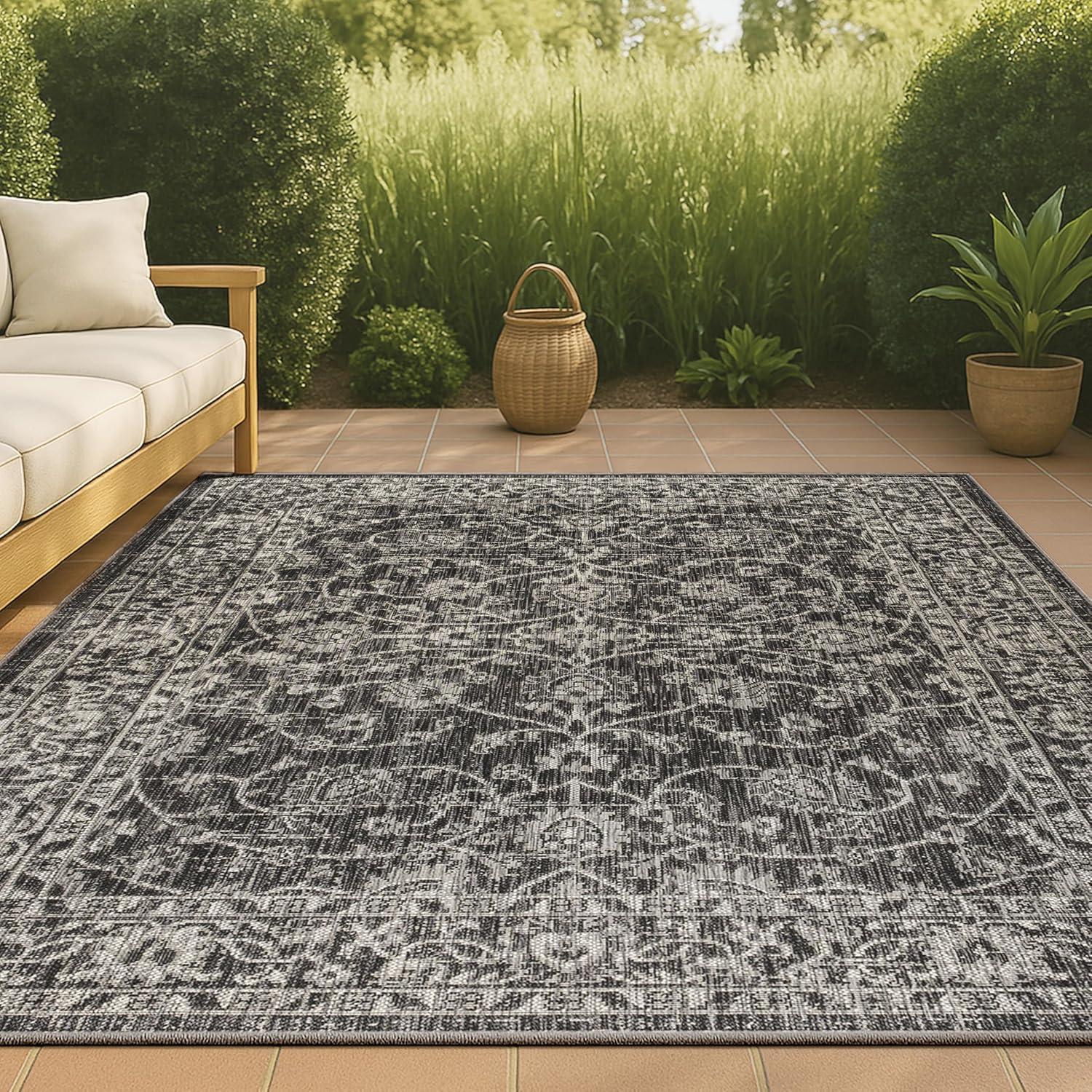 3'x5' Palazzo Vine and Border Textured Weave Indoor/Outdoor Area Rug, Black/Gray - JONATHAN Y