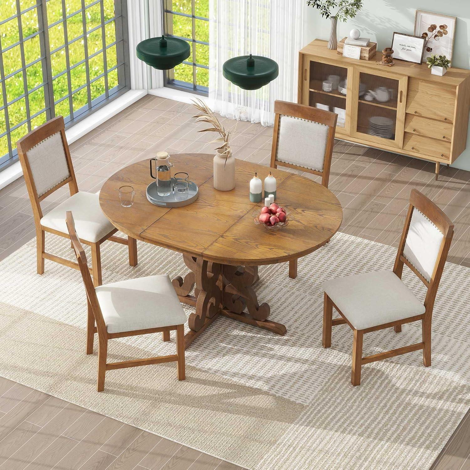 Walnut Extendable Dining Table Set with 4 Upholstered Chairs