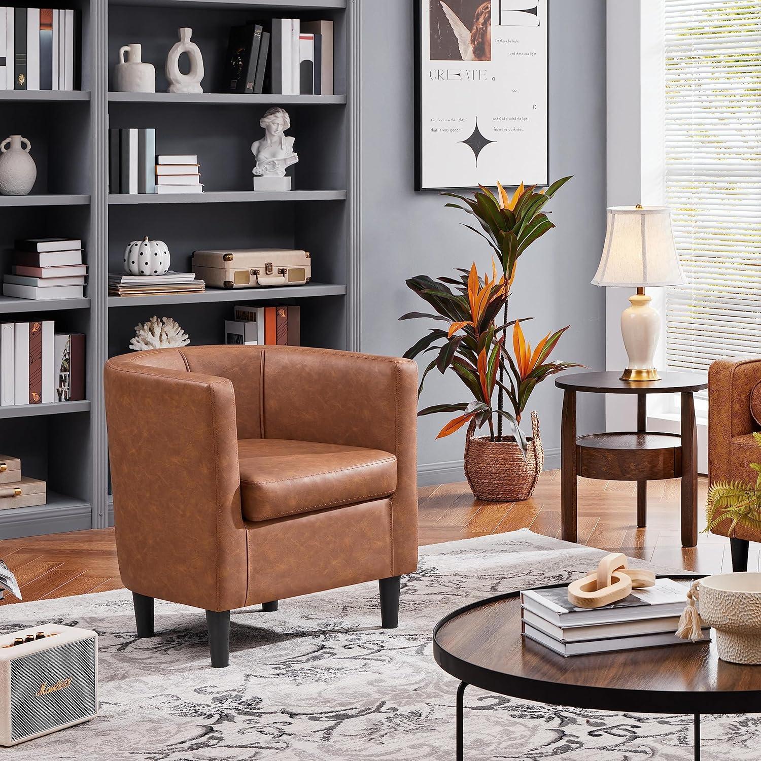 Yaheetech Faux Leather Upholstered Accent Chair Barrel Chairs, Brown