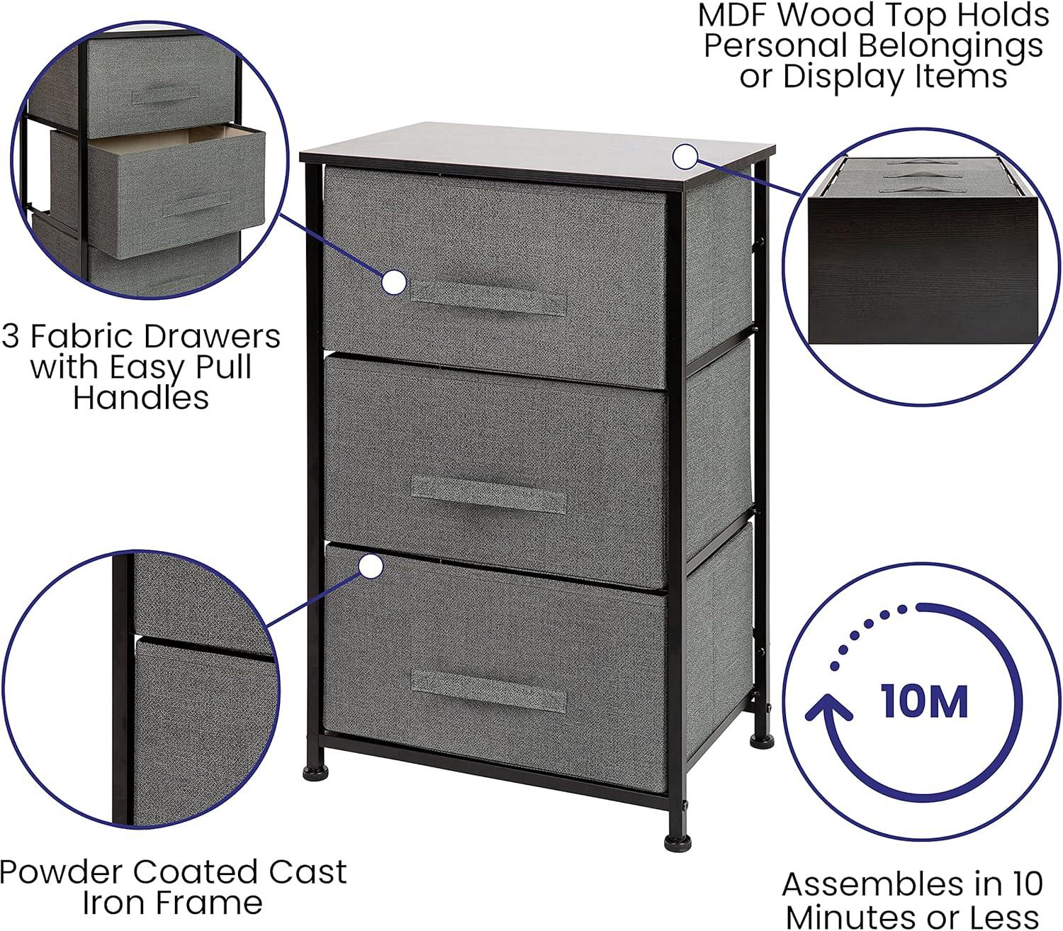Flash Furniture Malone 3 Drawer Vertical Storage Dresser with Wood Top & Fabric Pull Drawers