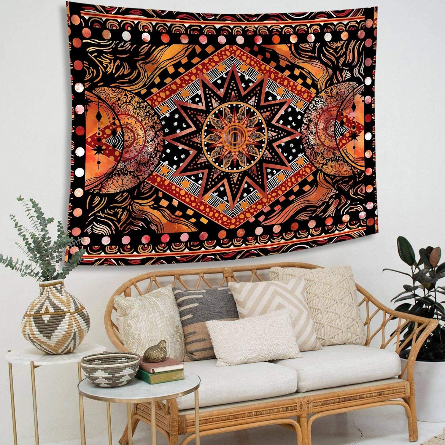 Orange Sun and Moon Tapestry Wall Hanging, Indie Hippie Mandala Cool Wall Tapestries, Aesthetic Tapestry for Bedroom Living Room Dorm (Orange, 60'''' × 80'''')