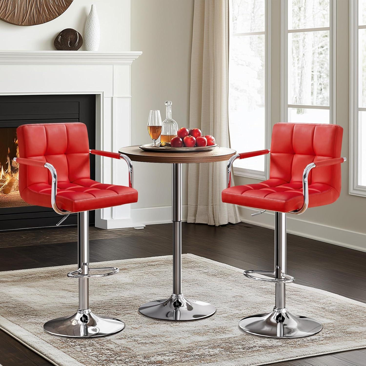 Killeryuki Tall Bar Stools Set of 2 Modern Square PU Leather Adjustable BarStools Counter Height Stools with Arms and Back Bar Chairs 360° Swivel Stool, Red