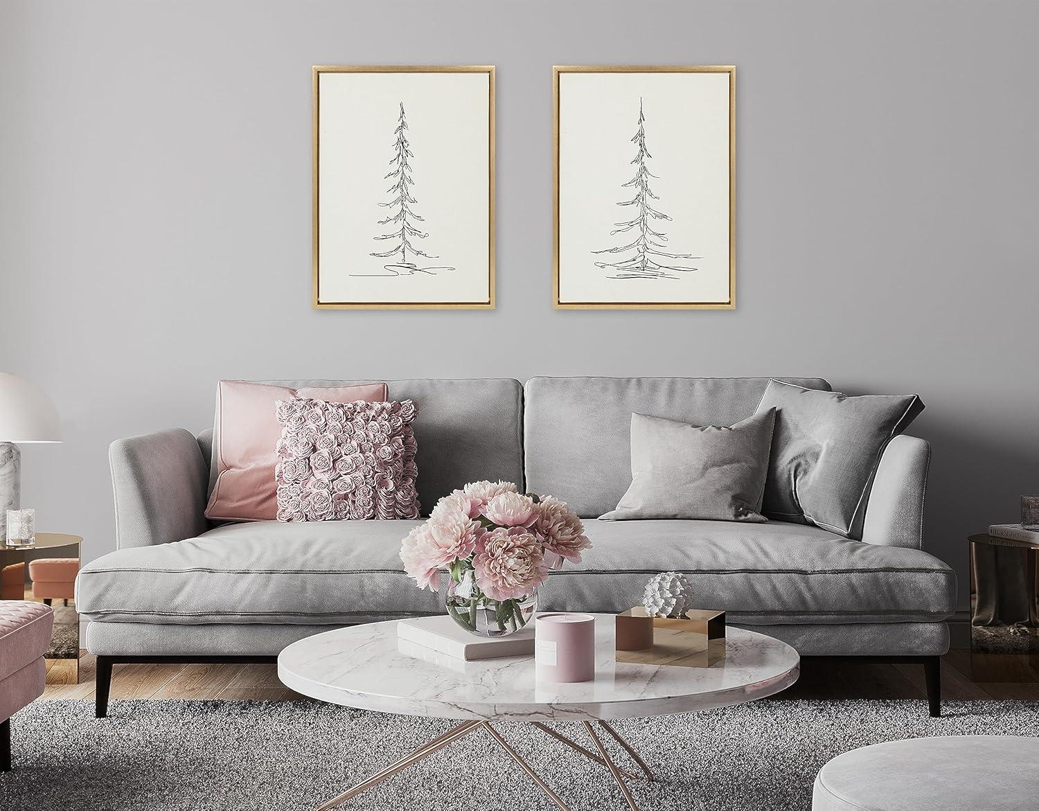 Kate and Laurel Sylvie Minimalist Evergreen Trees Sketch Framed Canvas Wall Art Set by The Creative Bunch Studio, 2 Piece 18x24 Bright Gold, Minimal Christmas Tree Sketch Art