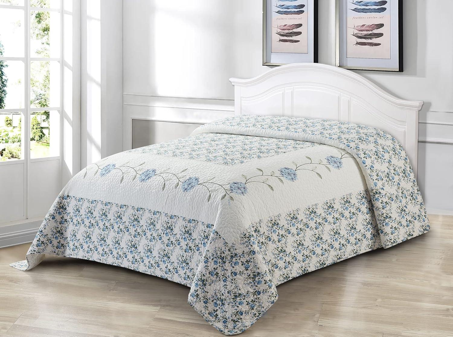 Carnation Blue King-Size Embroidered Microfiber Bedspread