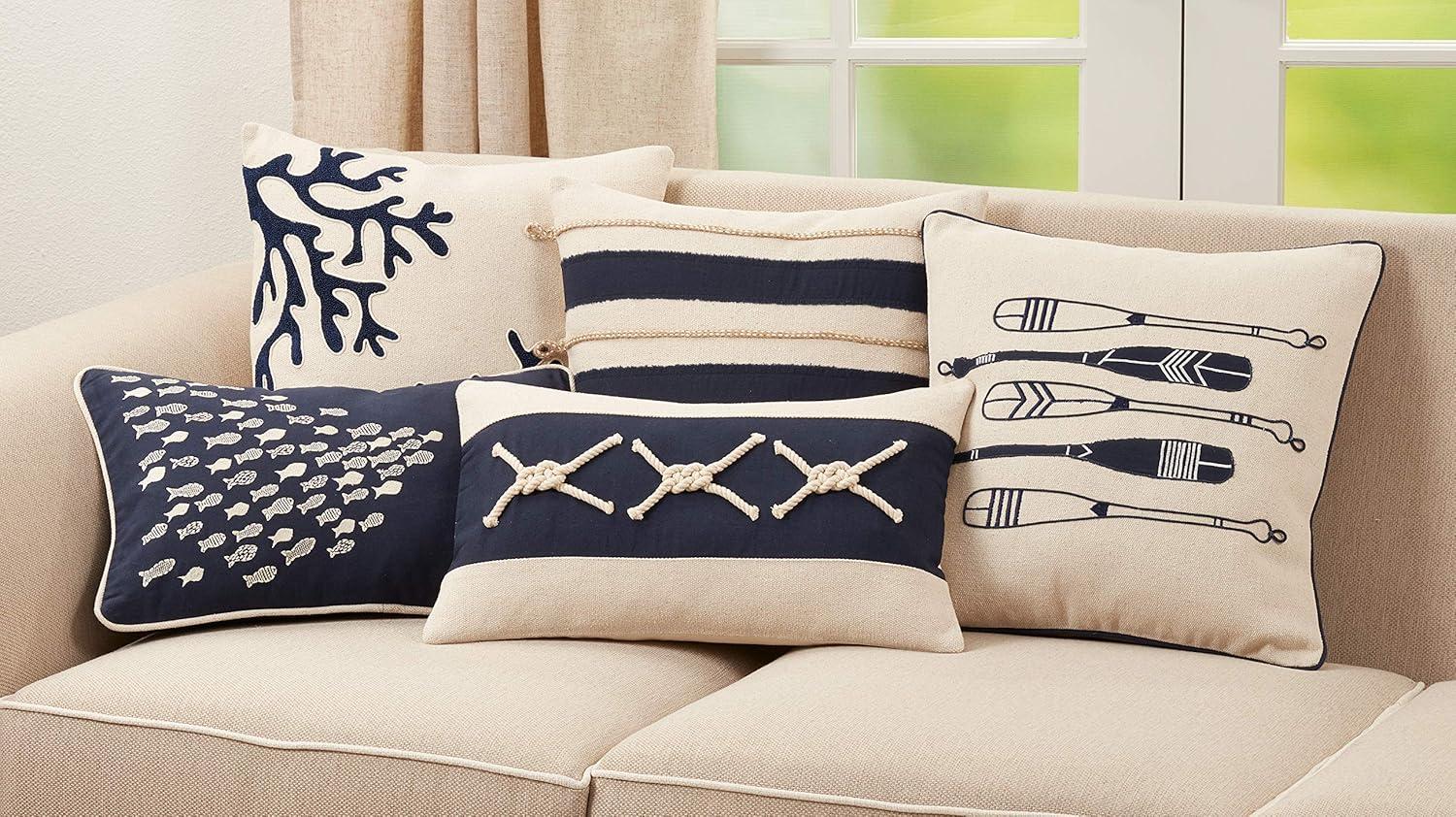 Navy Blue and Natural Rope Appliqué Cotton Throw Pillow, 18" Square