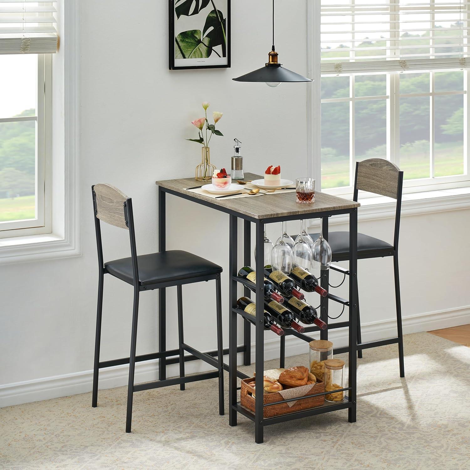 Bar Table Set for 2 with Footrest, Kitchen Dining Table with 2 Upholstered Chairs, Small Space Counter Height Barstools for Counter Bar, Sturdy and Durable, Easy to Assemble, Gray