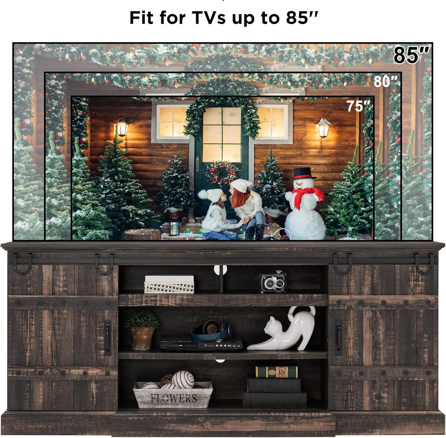 OKD 75" Wide Farmhouse Barn Door TV Stand for TVs up to 85", Entertainment Center with Wood Barn Door Storage Console, Dark Rustic Oak