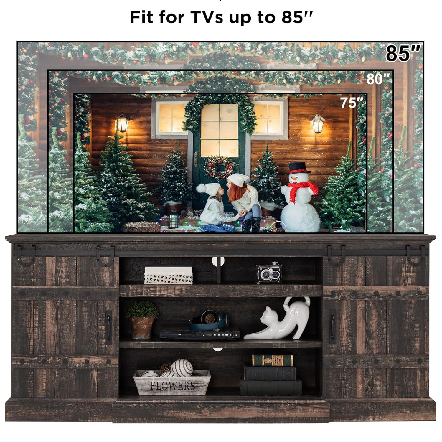 OKD 75" Wide Farmhouse Barn Door TV Stand for TVs up to 85", Entertainment Center with Wood Barn Door Storage Console, Dark Rustic Oak