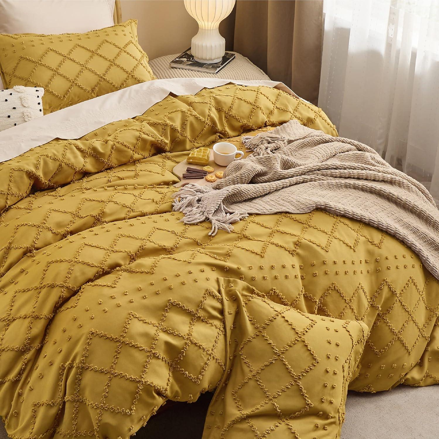 Mustard Yellow Tufted Embroidery Queen Duvet Cover Set