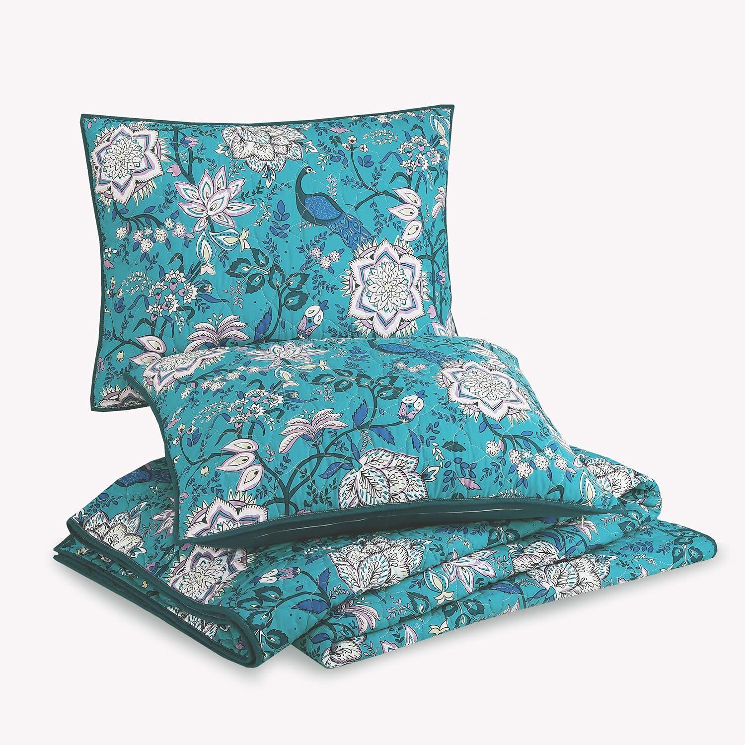 Peacock Garden Blue Microfiber Full Quilt Set