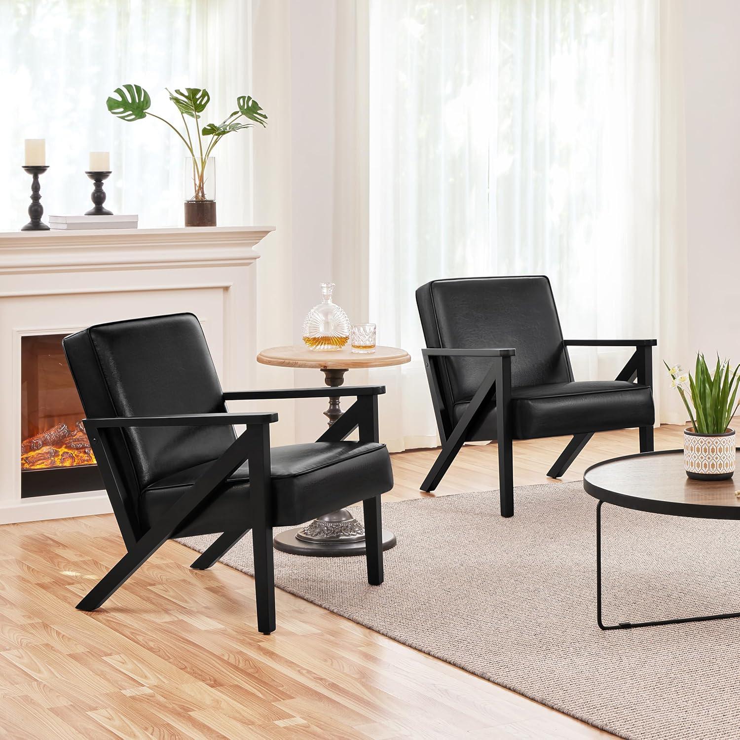 Yaheetech Faux Leather Armchair Accent Chair with Wood Legs for Living Room, Black