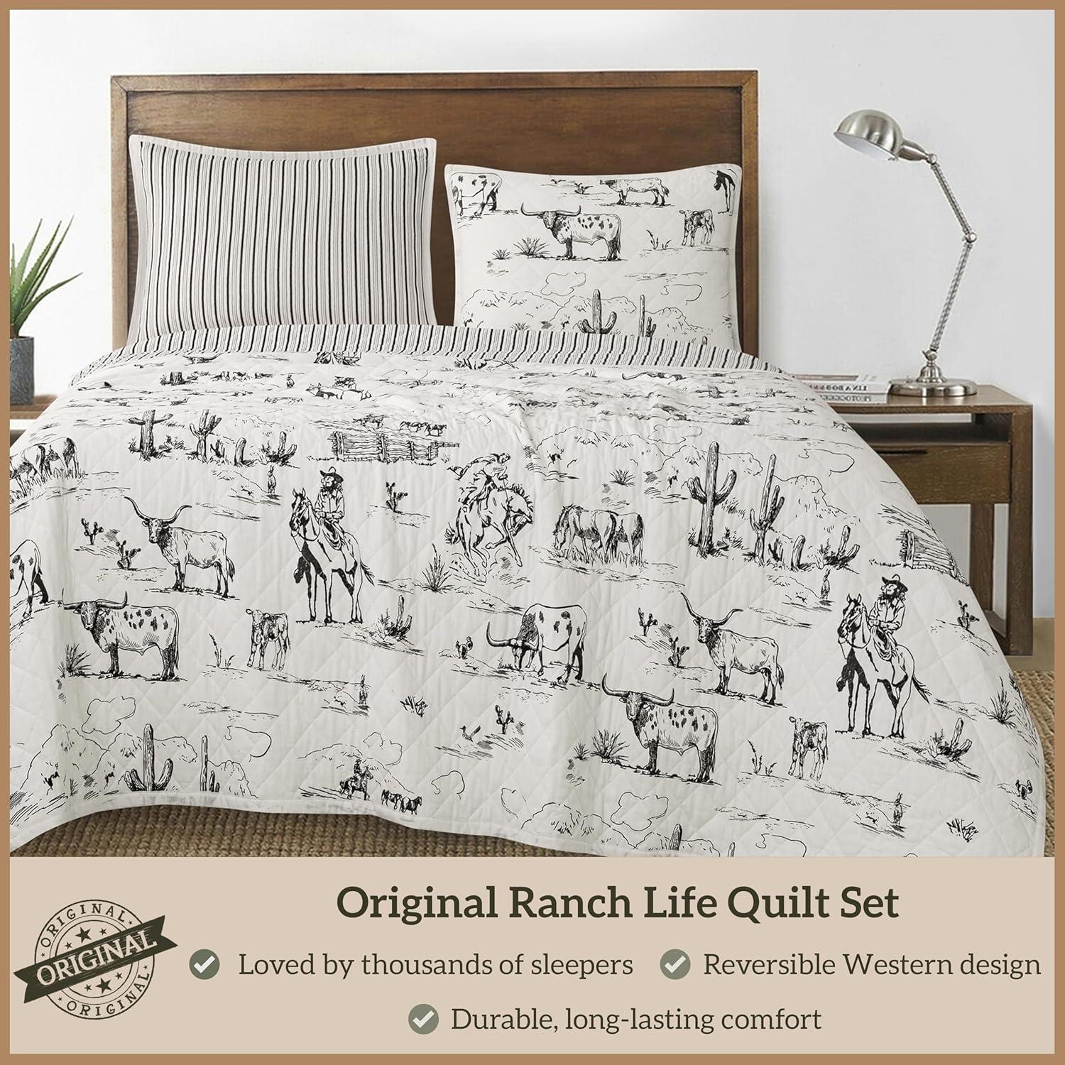 Paseo Road by HiEnd Accents Ranch Life White/Black Cotton Reversible Western Rustic Farmhouse 3 Piece Quilt Set