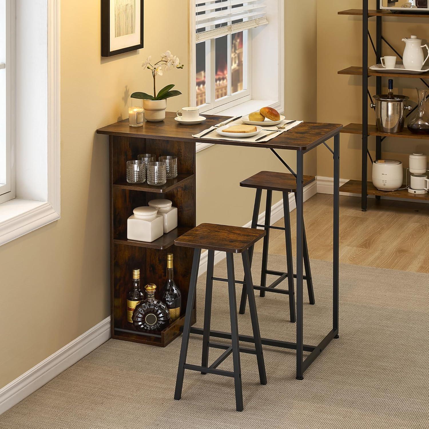 Garvee Small Bar Table and Chairs Set for 2, 3-Piece Bar Table Set with 3 Tier Storage Shelves, Space Saving Table for Small Apartment, Living Room