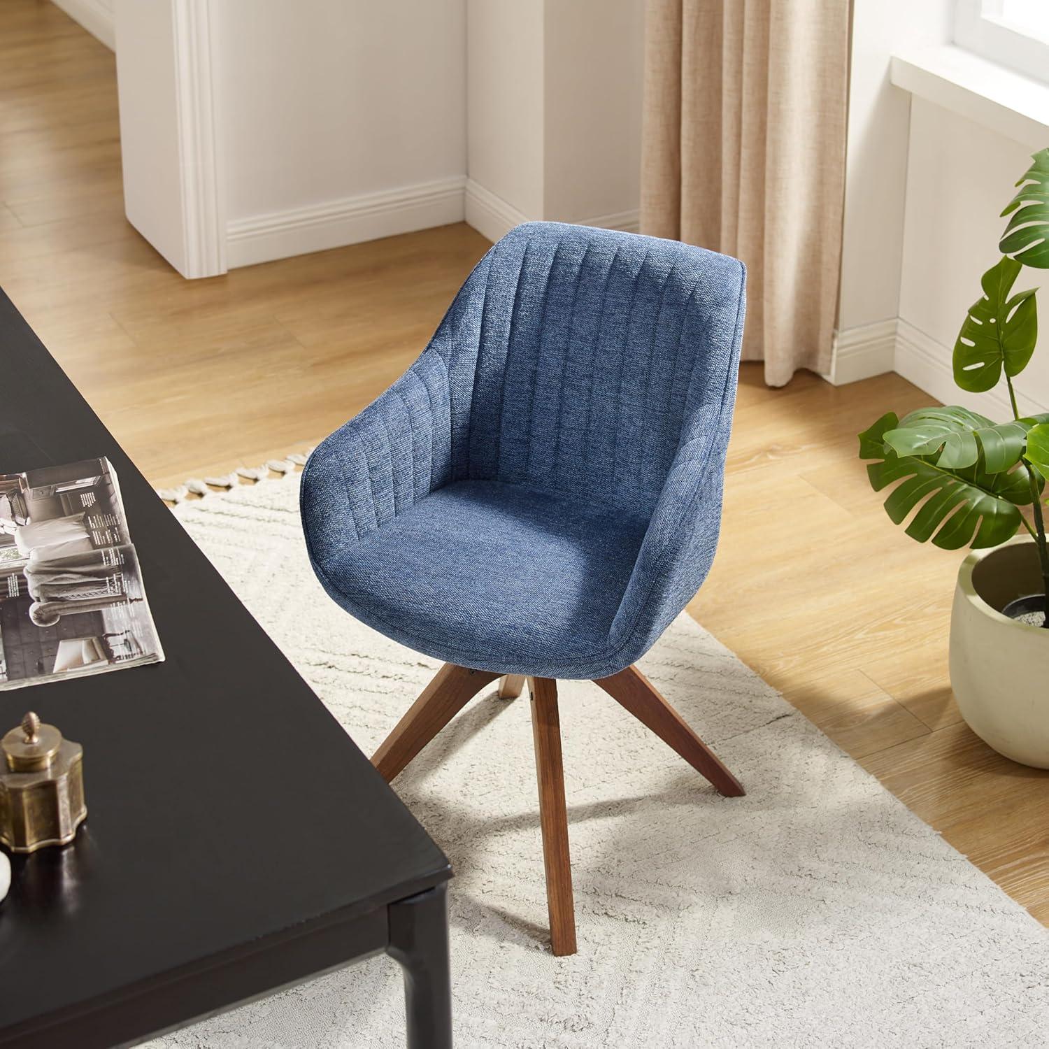 Art Leon Desk Chair - Mid Century Modern Office Chair No Wheels, Swivel Accent Chair with Oak Wood Legs, Fabric Upholstered Arm Chair, Blue