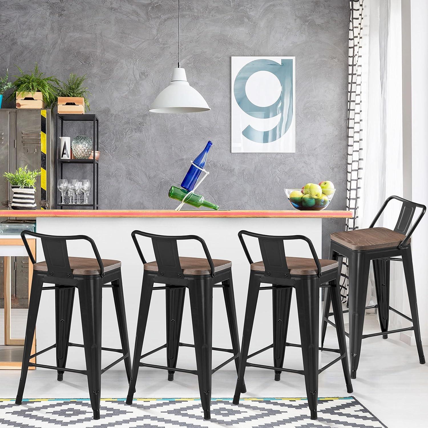 U-SHARE 24'' Metal Bar Stool 4PCS Low Back Conuter Stools for Indoor/Outdoor Barstools Metal Black Stools Bar Chairs w/Wooden Seat Metal Leg Industrial Counter Height Stools Black