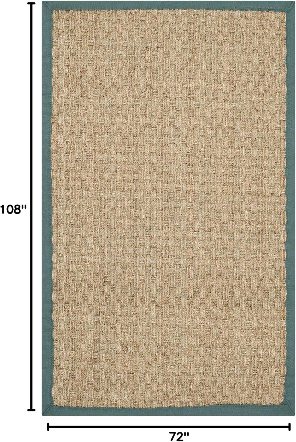 Natural and Light Blue Cotton Border Area Rug, 6' x 9'