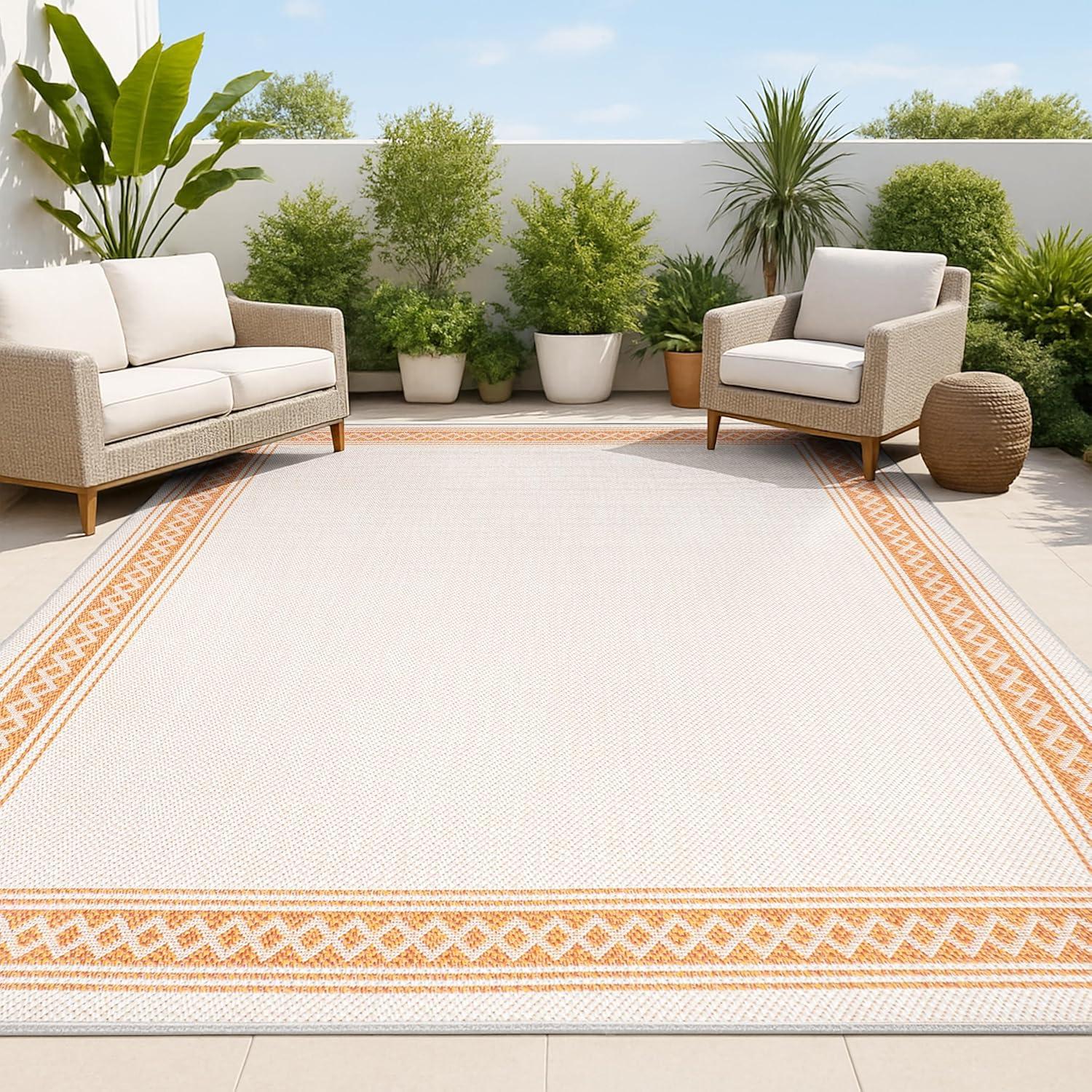 3' x 5' Lucia Classic Diamond Border Indoor/Outdoor Area Rug, Cream/Orange - JONATHAN Y