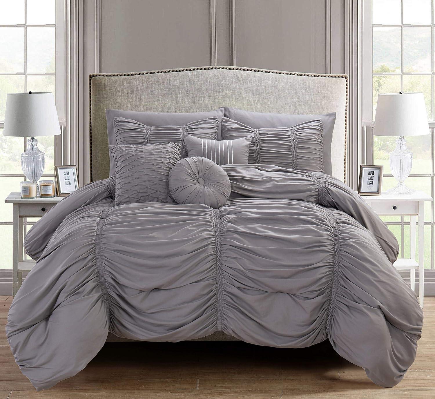 Elegant Comfort Solid Print Microfiber Woven Washable Comforter Sets, Full, Gray, 10-Pieces