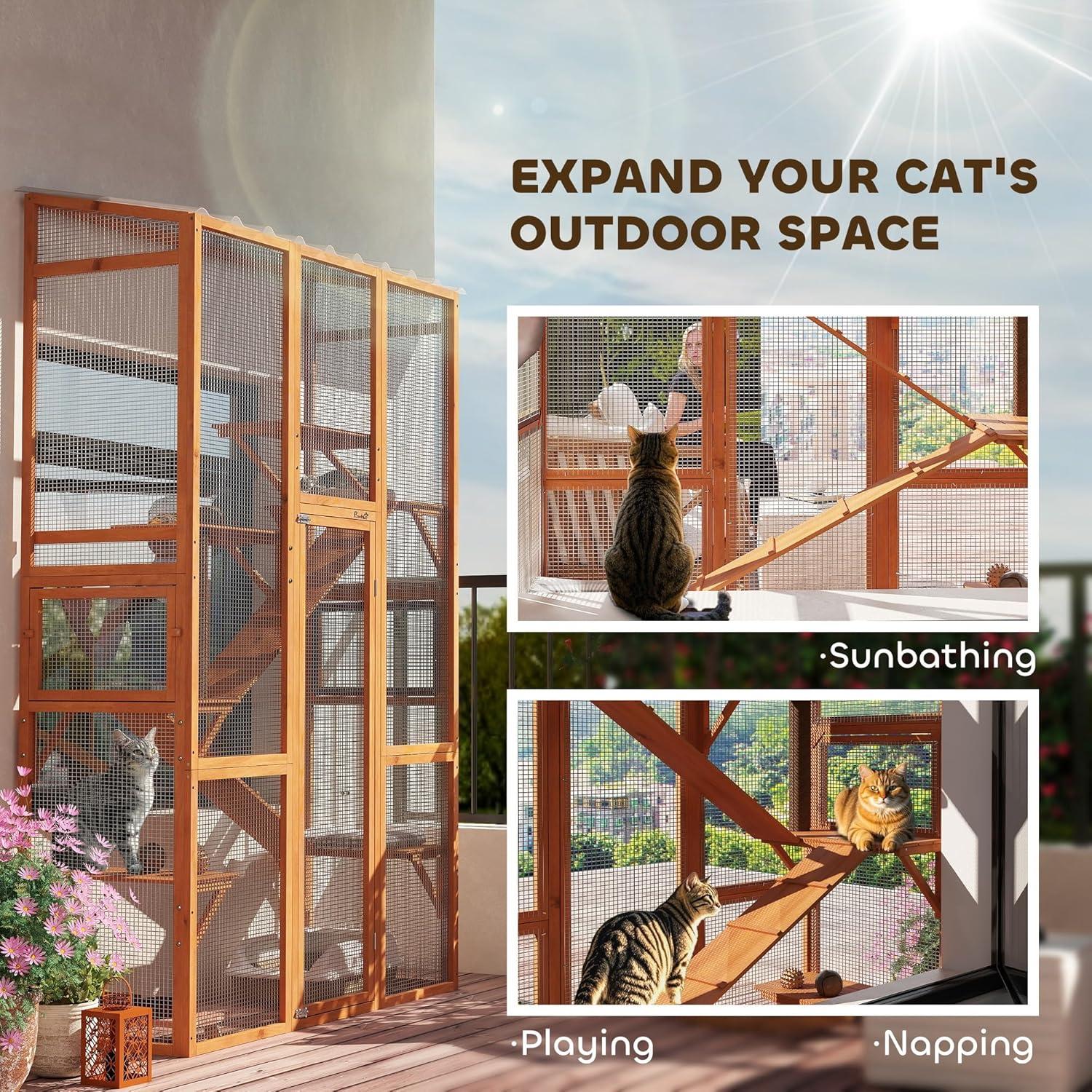 PawHut Outdoor Catio Cat Enclosure, Large Wooden Cat House with 6 Jumping Platforms, Scratching Post, 2 Ramps, Waterproof Roof, for 2-3 Kittens