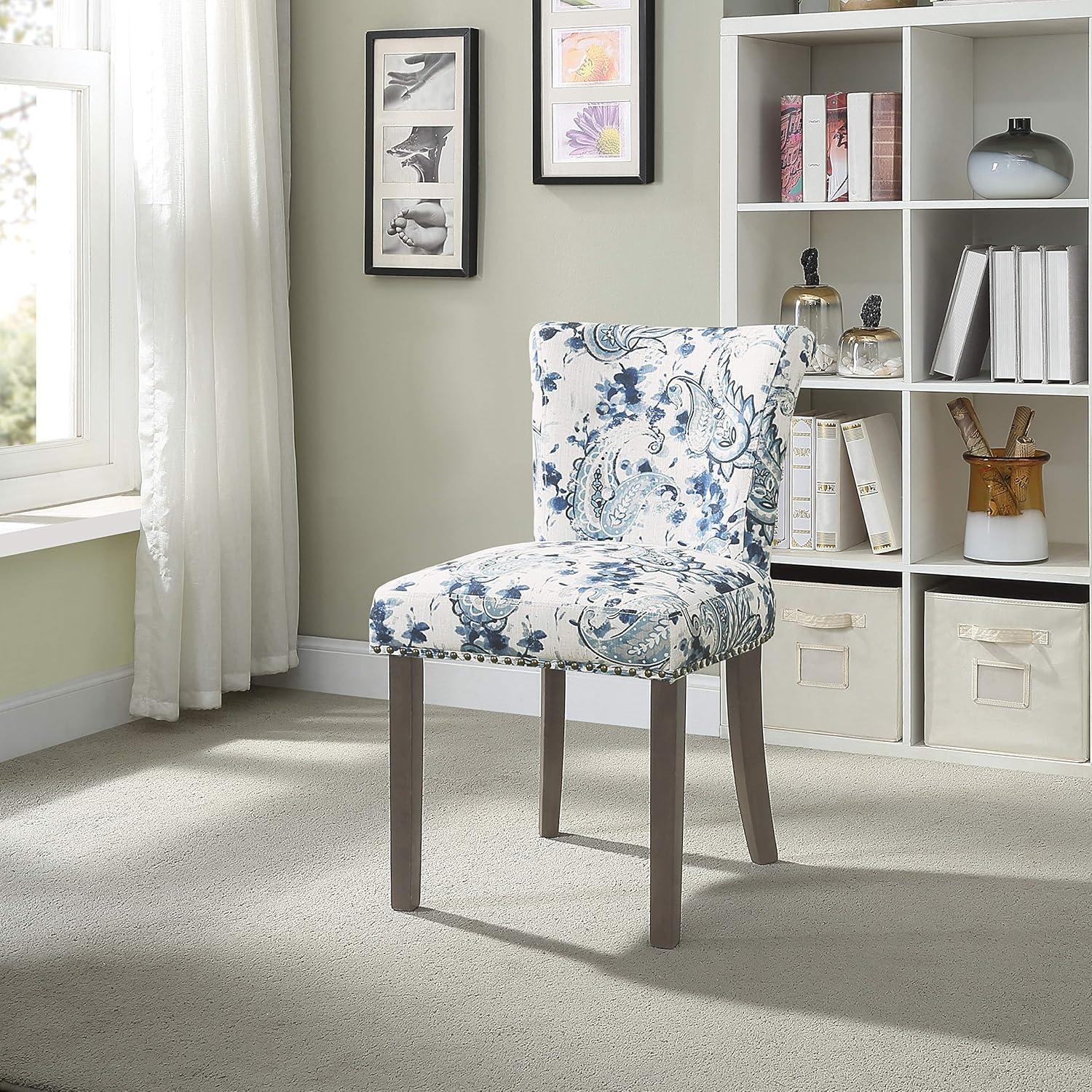 Paisley Blue Upholstered Side Chair with Wood Legs