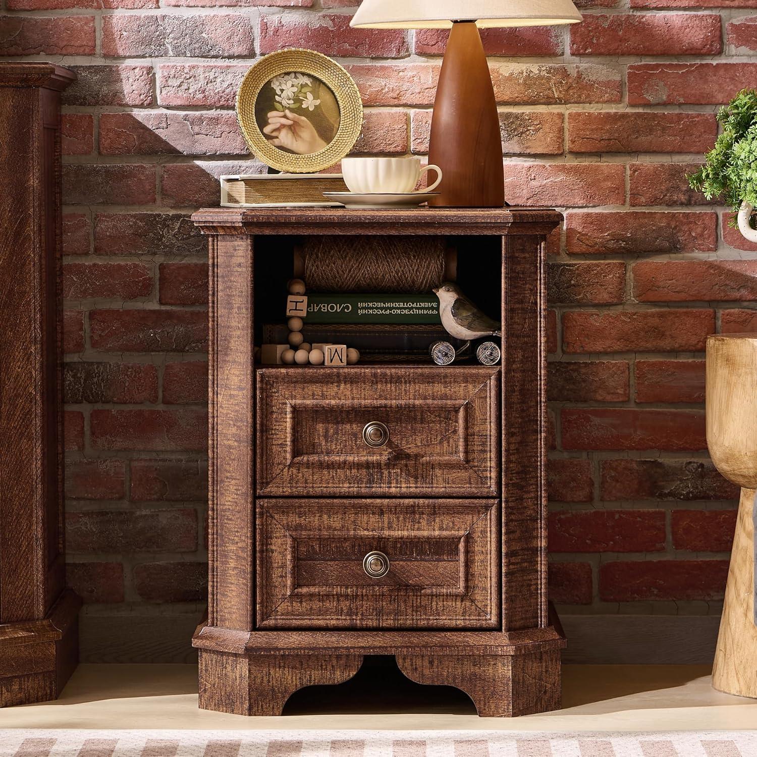 Brown Rustic Oak 18" Nightstand with Charging Station and 2 Drawers