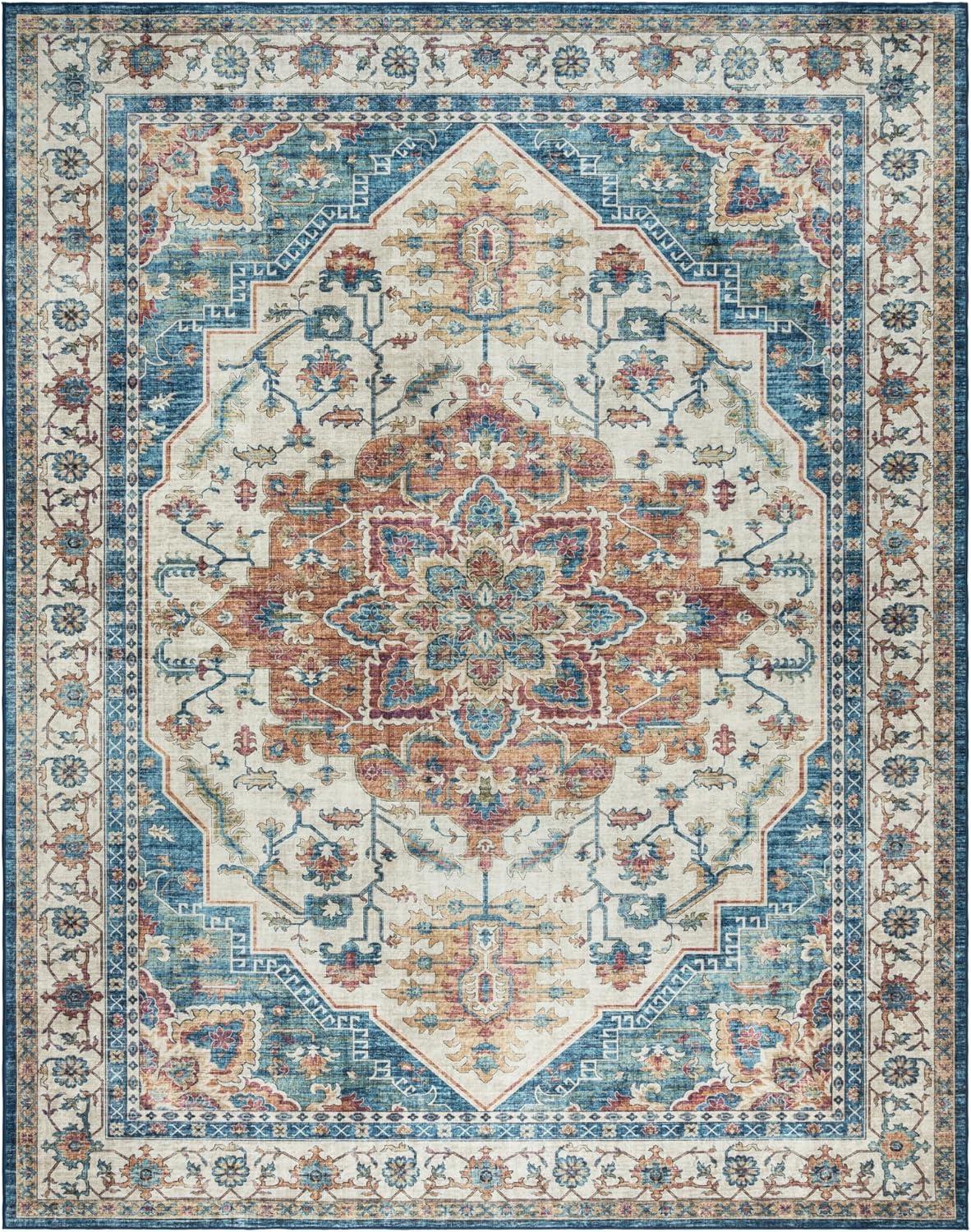 Gertmenian Crystal Print Tiefi Blue Red Multi Traditional Medallion Washable Flat Pile Indoor Area Rug