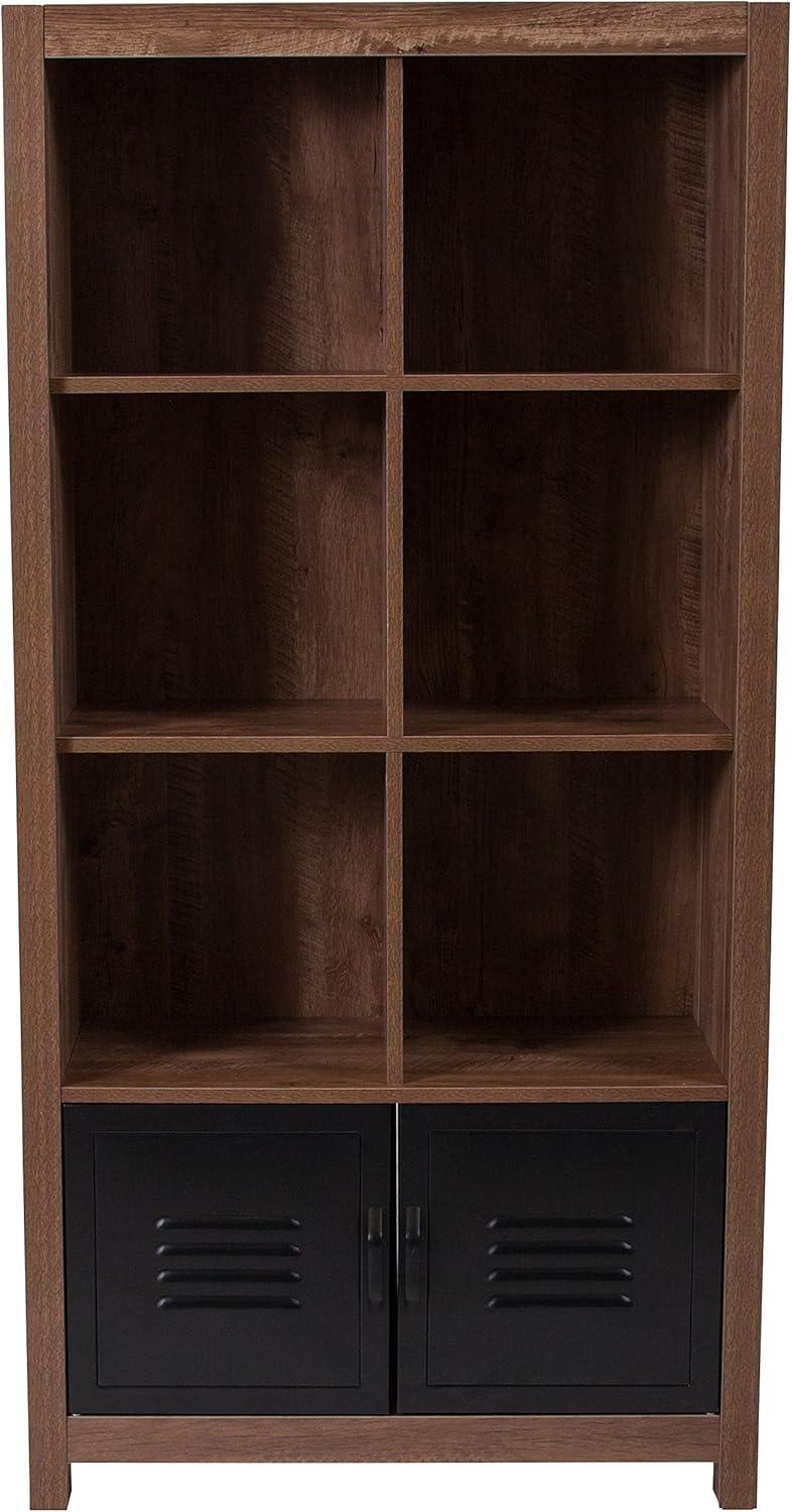Black Metal and Oak 6-Cubby Storage Bookcase with Doors