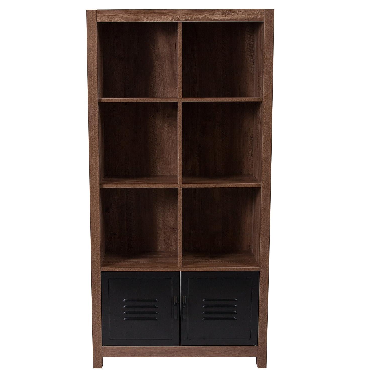 Black Metal and Oak 6-Cubby Storage Bookcase with Doors