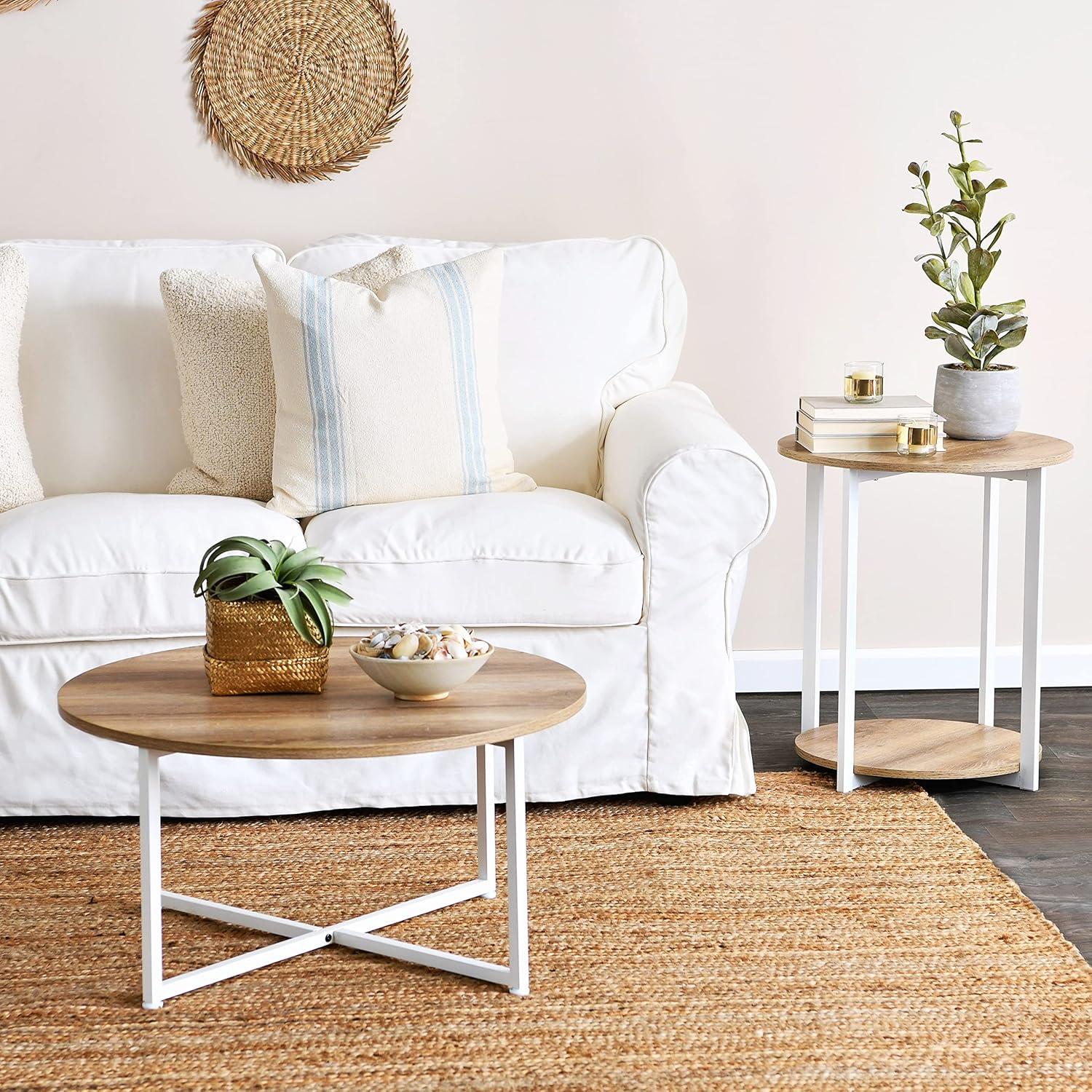 Household Essentials Jamestown Round End Table Brown/White: Modern Minimalist, Iron Frame, Particle Board Top