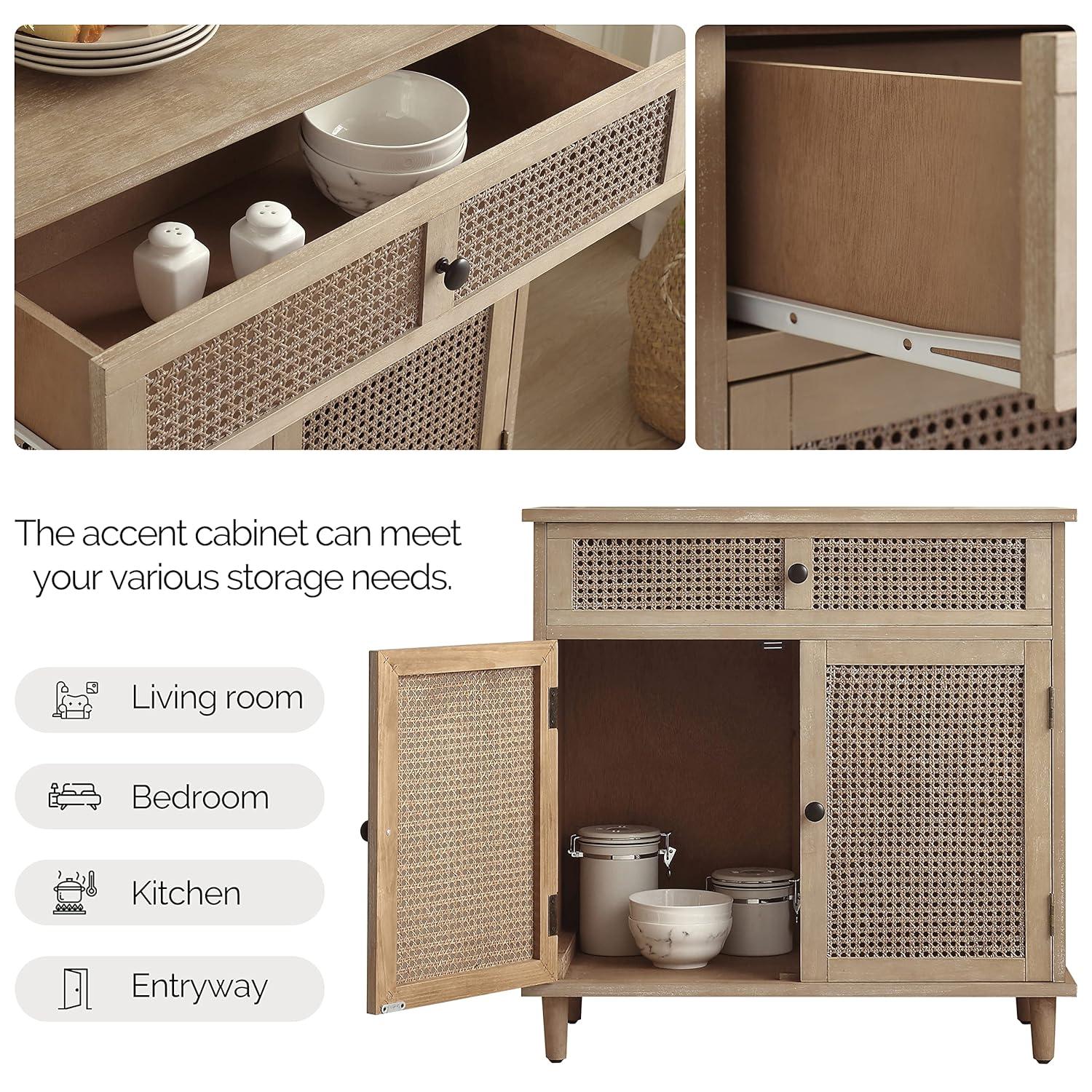 Art Leon Rustic Storage Cabinet with 2-Door&1Drawers Rattan Decoration Wood Finish,Oak Kitchen Console Table,Gray