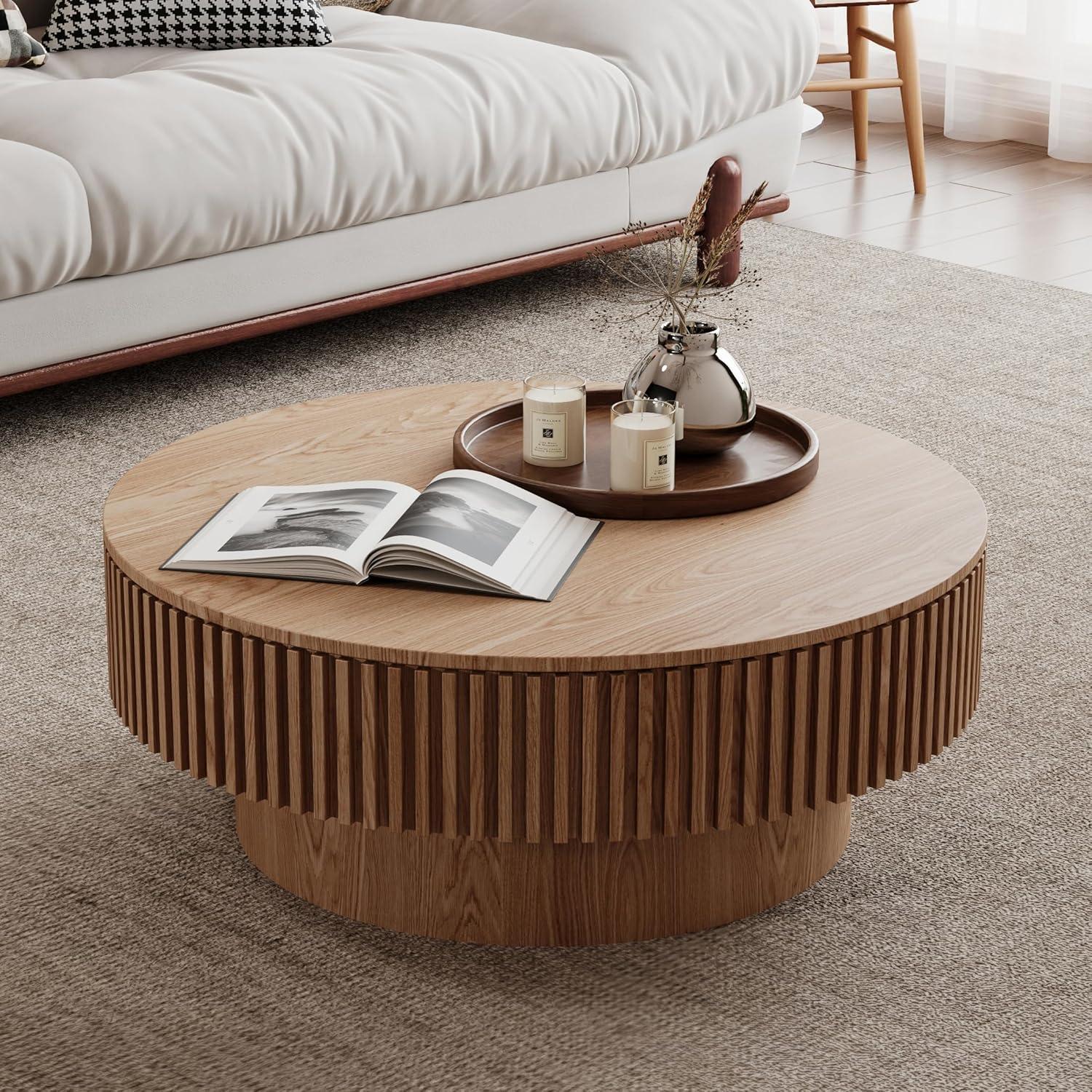 HomVent 31.5'' Round Coffee Table with Storage, Modern Wooden Coffee Table with Solid Wood Veneered, Circle Center Table Accent Tea Table for Living Room, Small Space, Apartment