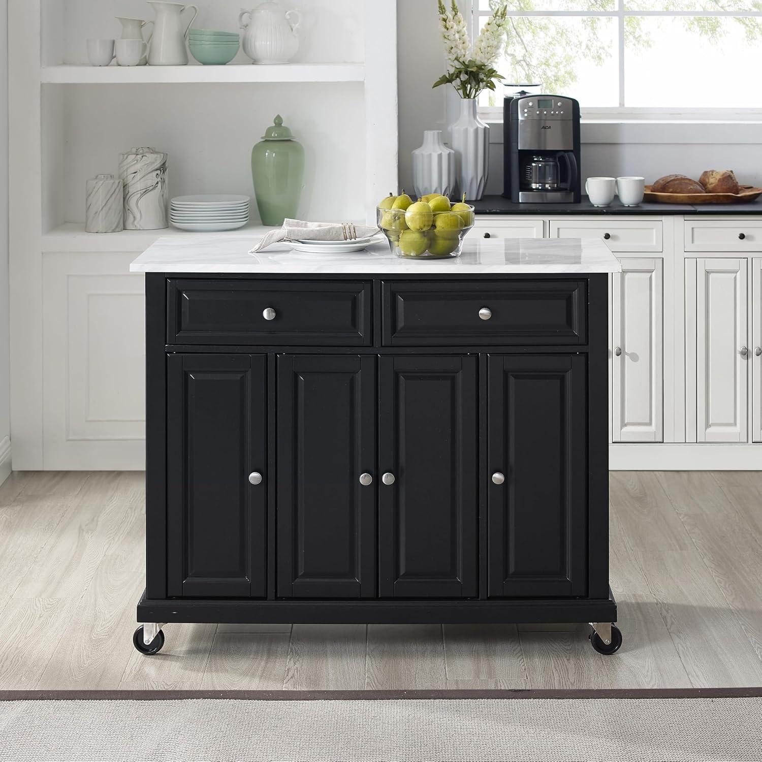 Crosley 42" Avery Kitchen Island/Cart Distressed Black/White Marble: Traditional Style, 6 Shelves, 2 Drawers, Locking Wheels