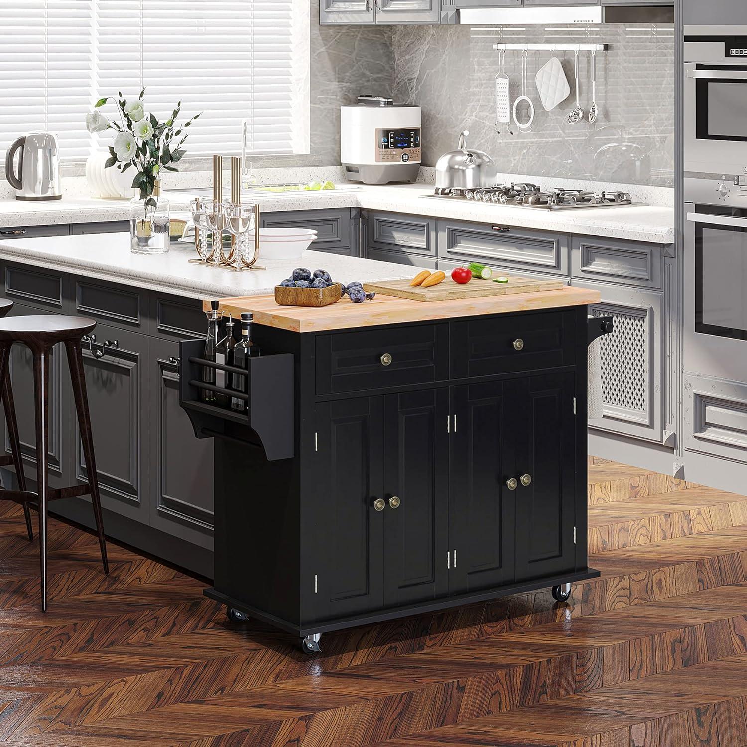 HOMCOM Kitchen Island on Wheels, Rolling Cart with Rubber Wood Top, Spice Rack, Towel Rack & Drawers for Dining Room, Black