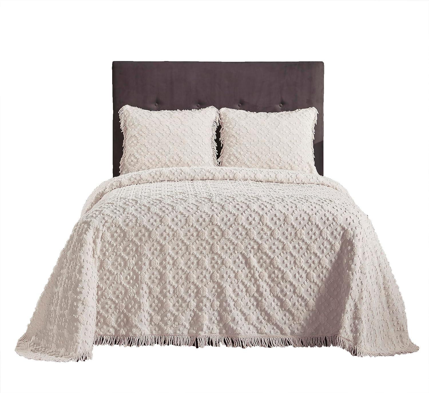 Better Trends Charleston Collection 100% Cotton Bedding sets, Machine Washable Soft and Breathable 4-piece Chenille Bedspread & Sham with Geometric Embroidery, All season