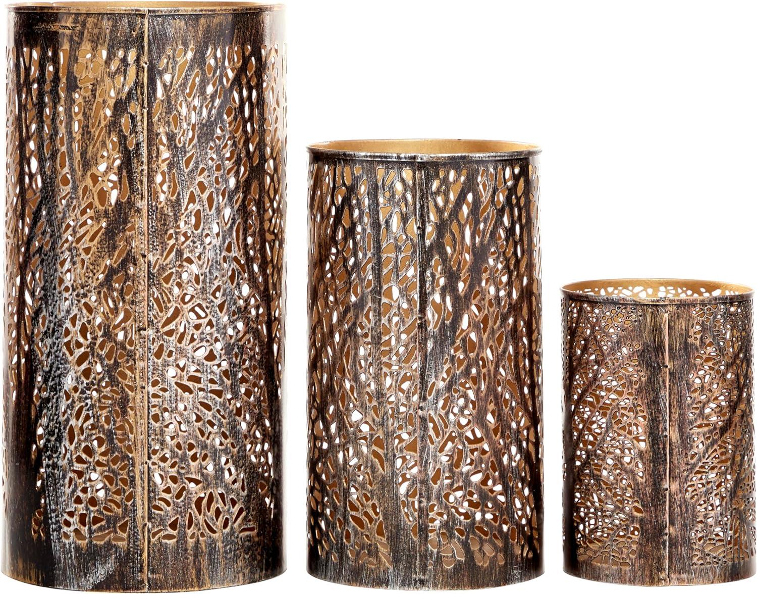 Set of 3 Leafy Cylindrical Contemporary Metal Candle Holders - Olivia & May