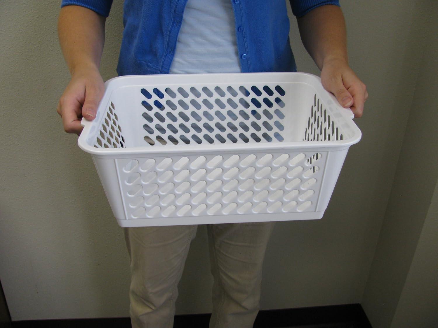 White Rectangular Plastic Storage Basket with Handles