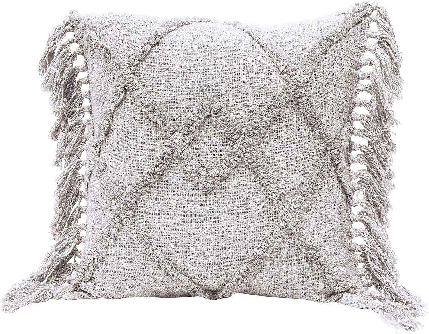 Grey Cotton Blend Tufted Pattern Pillow with Fringe