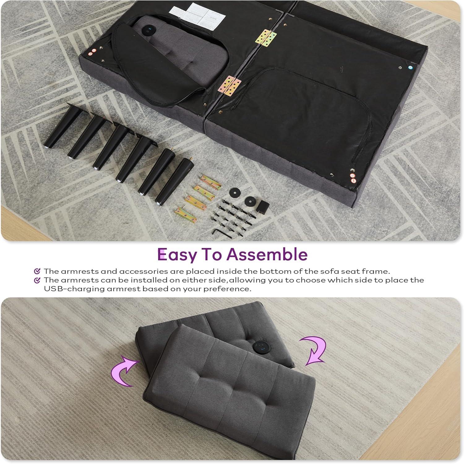 TYBOATLE 65“ Convertible Futon Sofa Bed w/ 2 USB, Upholstered Tufted Small Adjustable Folding Couch Loveseat, Modern Mid Century Sleeper Sofa for Living Room, Bedroom, Apartment, Office (Dark Grey)