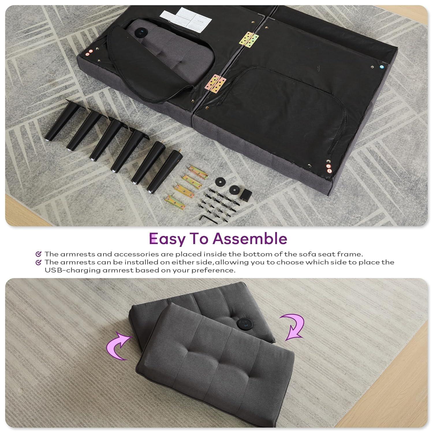 TYBOATLE 65“ Convertible Futon Sofa Bed w/ 2 USB, Upholstered Tufted Small Adjustable Folding Couch Loveseat, Modern Mid Century Sleeper Sofa for Living Room, Bedroom, Apartment, Office (Dark Grey)