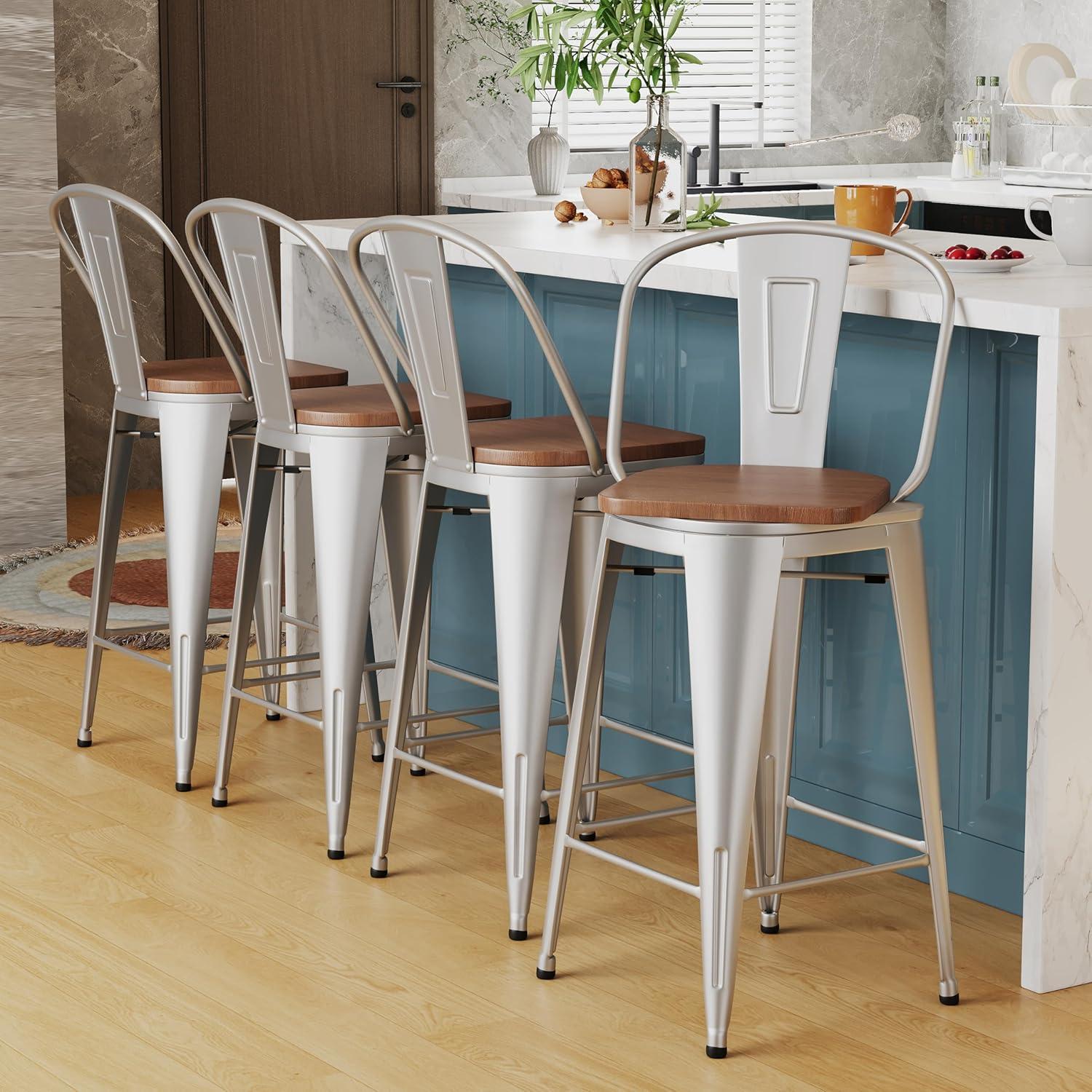 Andeworld Metal Bar Stools Set of 4 Counter Height Stools with Backs Counter Stools High Back Bar Chairs 30 Inch Silver