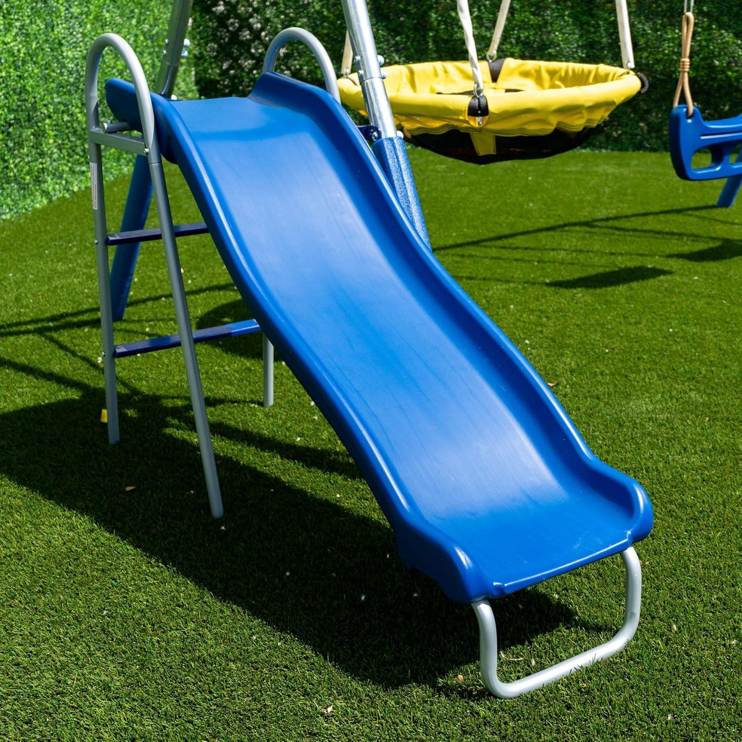 Sportspower Sportspower Taylor Galvanized Metal Swing Set With Blow Molded Swing, Standing Swing, 2 Person Teeter Totter, 32" Saucer Swing, And 5' Slide, Bonus 4pc Anchor Kit Included